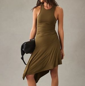 Anthropologie Sleeveless Side-Ruched Midi Dress Asymmetrical Olive Green…